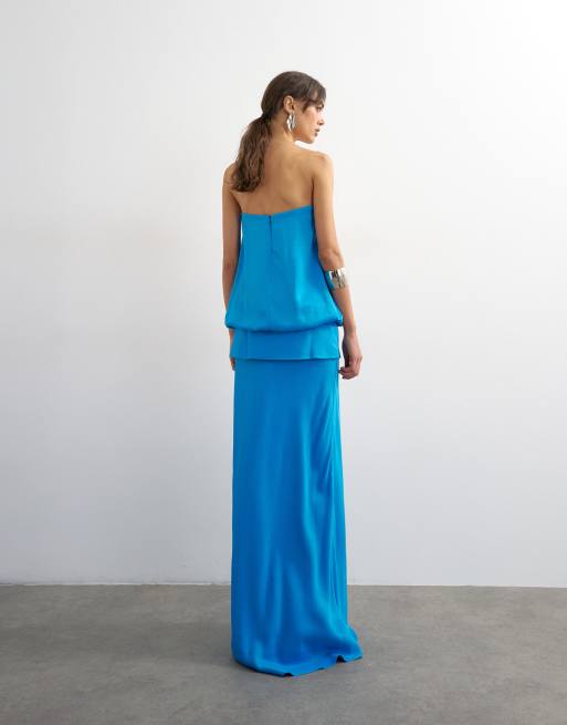 Topshop robe longue bandeau en satin à taille basse blousante bleue, 4 de 4