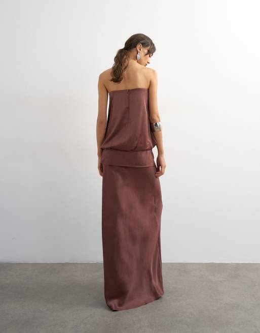 Topshop robe longue bandeau en satin à taille basse et blouson, marron chocolat, 4 de 4