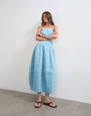 Robe longue bouffante en jean délavé-Bleu 44