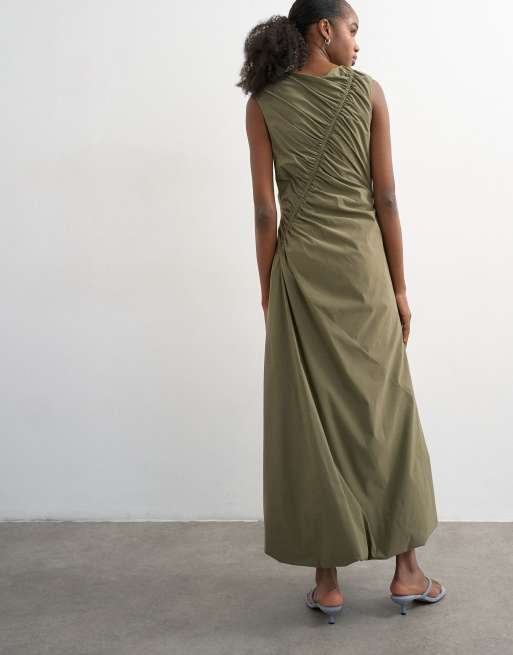 Topshop - Robe longue bouffante en tissu technique avec cordon de serrage - Kaki, 4 de 4