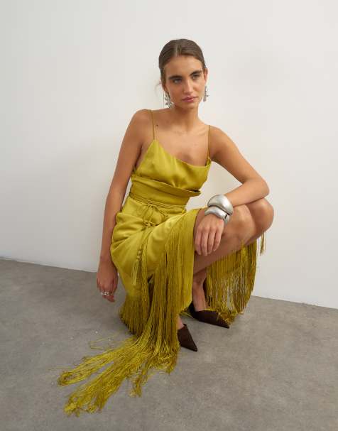 Topshop robe longue corset en satin avec détail franges, olive - view 1
