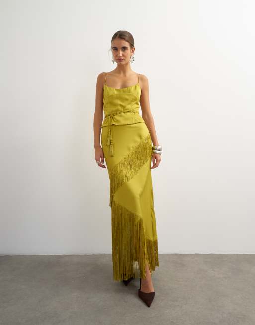 Topshop robe longue corset en satin avec détail franges, olive, 2 de 4