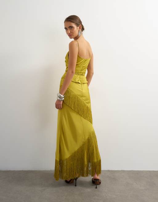 Topshop robe longue corset en satin avec détail franges, olive, 4 de 4