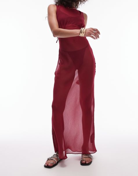 Topshop - Robe longue de plage transparente coupée en biais - Rouge cerise - view 1