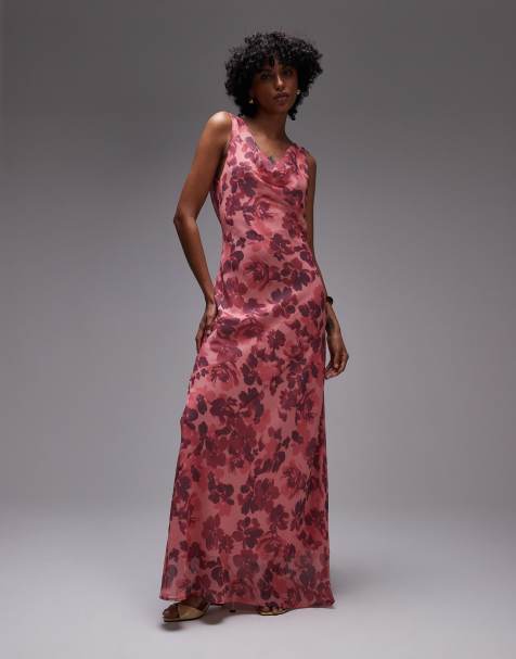 Topshop - Robe longue double épaisseur à encolure bénitier et imprimé fleurs - Rose - view 1