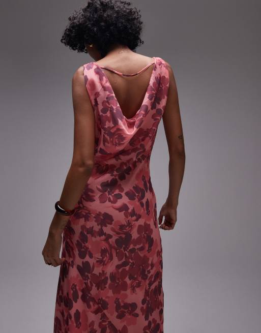 Topshop - Robe longue double épaisseur à encolure bénitier et imprimé fleurs - Rose, 2 de 4
