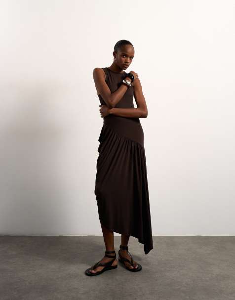Topshop - Robe longue drapée en viscose à ourlet bouffant - Chocolat - view 1