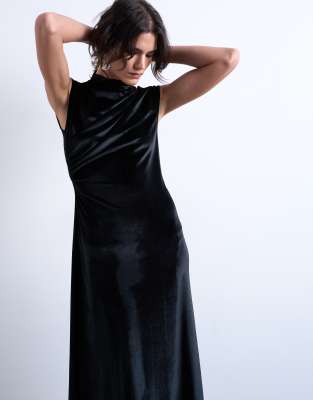Topshop - Robe longue effet velours à col montant - Noir