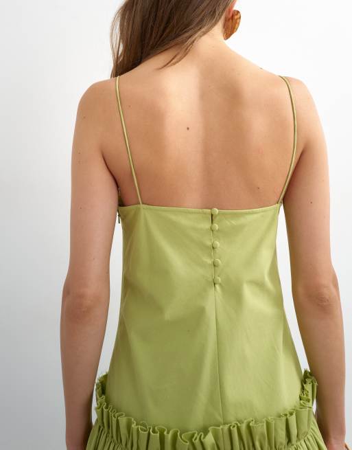 Topshop - Robe longue en coton de qualité supérieure avec volants effilochés - Vert, 2 de 4