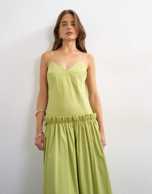 Topshop - Robe longue en coton de qualité supérieure avec volants effilochés - Vert, 3 de 4