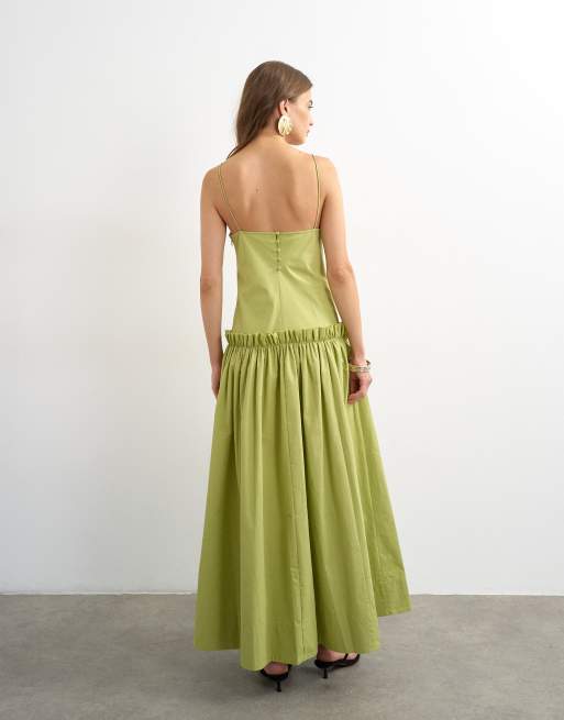 Topshop - Robe longue en coton de qualité supérieure avec volants effilochés - Vert, 4 de 4