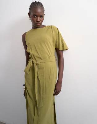 Robe longue en cupro avec liens noués à la taille et manches asymétriques - Kaki-Vert 34