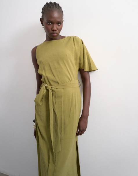 Topshop - Robe longue en cupro avec liens noués à la taille et manches asymétriques - Kaki - view 1