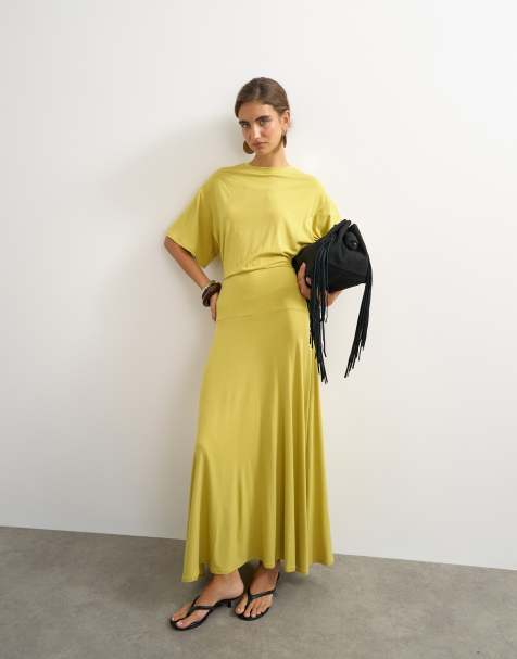 Topshop robe longue en jersey mélangé viscose à taille basse en vert citron - view 1