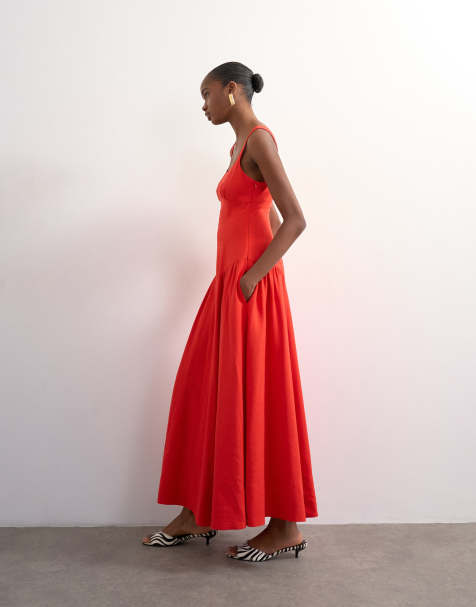 Topshop - Robe longue en lin mélangé à taille basse - Rouge - view 1