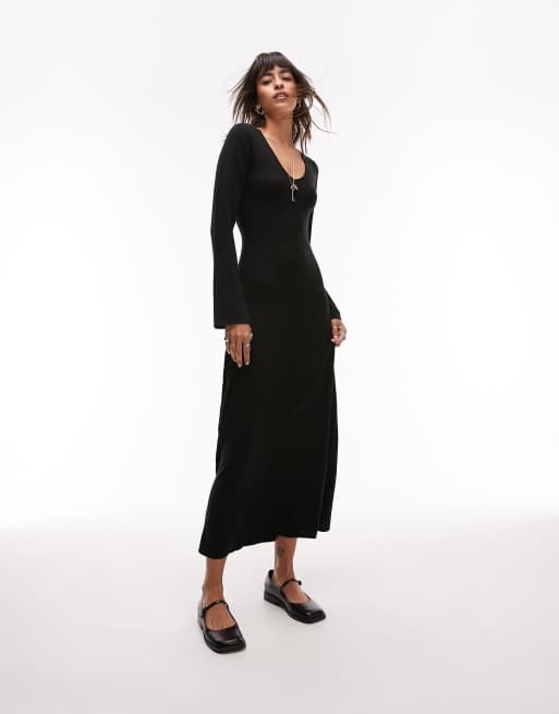 Topshop Robe longue en maille col en V et manches vas es