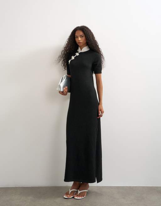 Topshop robe longue en maille à col mao avec laine, noir monochrome, 2 de 4