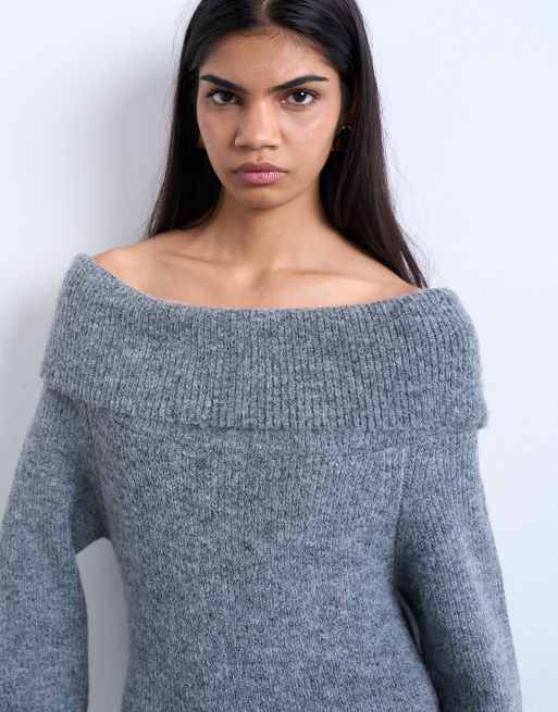 Topshop - Robe longue en maille à encolure Bardot - Gris, 4 de 4
