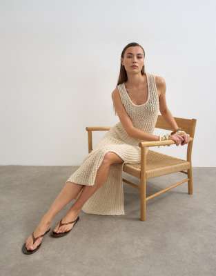 Robe longue en maille crochetée à encolure dégagée - Taupe neutre-Neutral XS