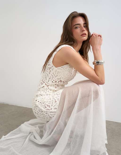 Topshop - Robe longue en maille crochetée de qualité supérieure - Écru, 2 de 4