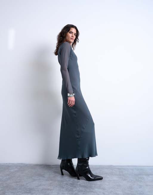 Topshop - Robe longue en mousseline à encolure bateau - Pétrole, 4 de 4
