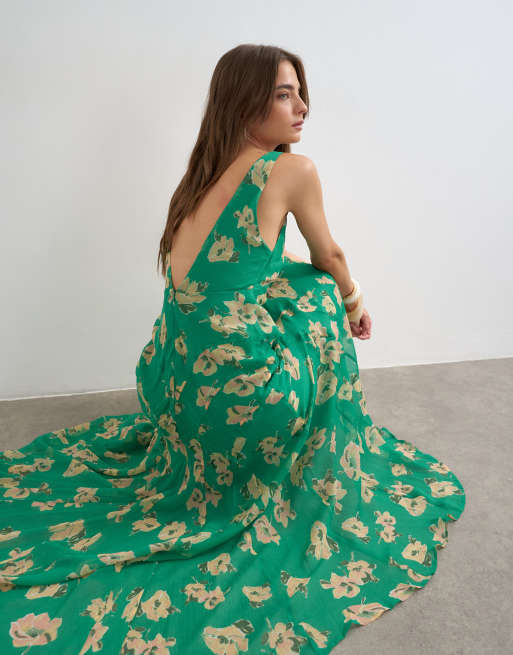 Topshop - Robe longue en mousseline à imprimé fleuri et surpiqûres - Vert, 4 de 4