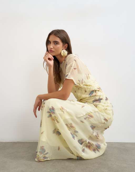 Topshop - Robe longue en mousseline avec plis nervurés et imprimé fleuri flou - Citron, 2 de 4