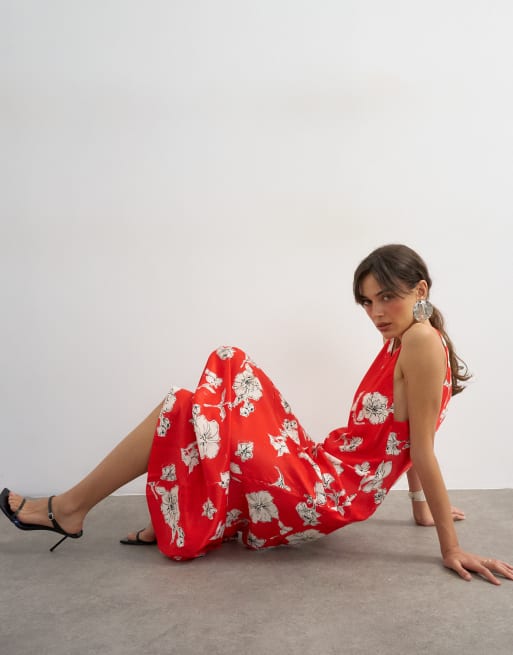 Topshop - Robe longue en satin à bretelles torsadées - Rouge fleuri, 3 de 4