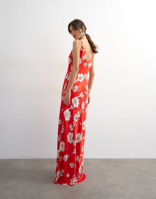 Topshop - Robe longue en satin à bretelles torsadées - Rouge fleuri, 4 de 4