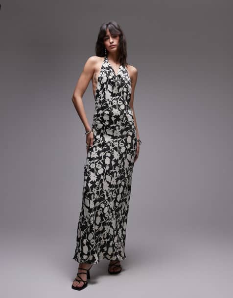 Topshop - Robe longue en satin à col montant bénitier et dos nu - Imprimé fleurs - view 1