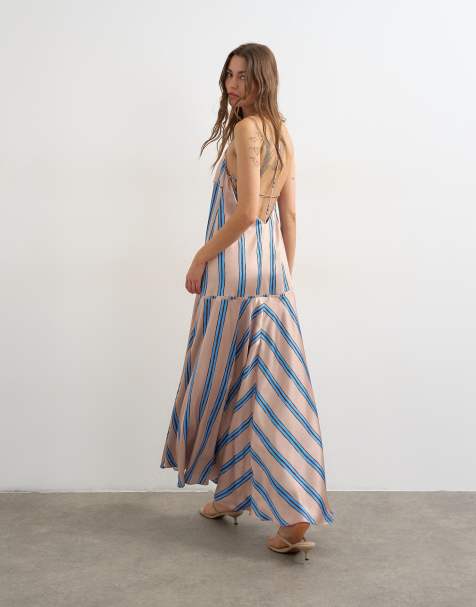 Topshop - Robe longue en satin à coutures apparentes avec bords passepoilés et rayures - Naturel et bleu - view 1