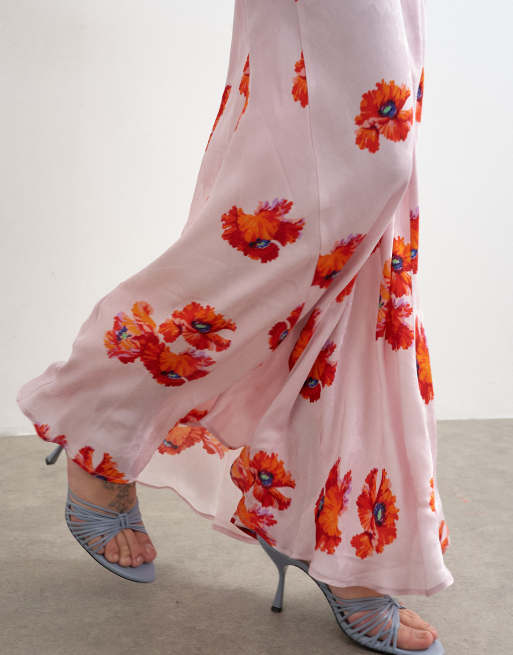 Topshop - Robe longue en satin à dos nageur avec motif fleuri en jacquard - Rose, 3 de 4