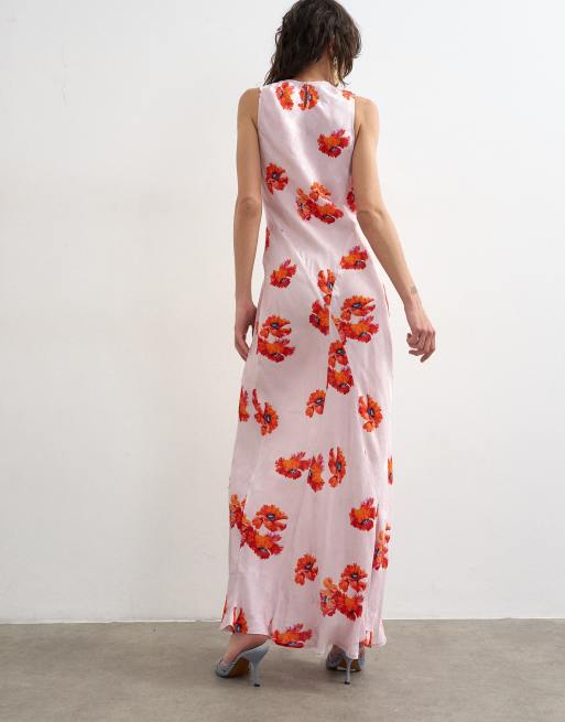 Topshop - Robe longue en satin à dos nageur avec motif fleuri en jacquard - Rose, 4 de 4