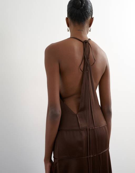 Topshop robe longue en satin à taille basse et emmanchures basses couleur chocolat, 3 de 4
