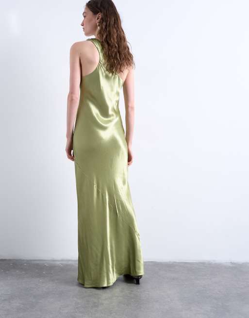 Topshop - Robe longue en satin coupé en biais à dos nageur - Olive, 4 de 4