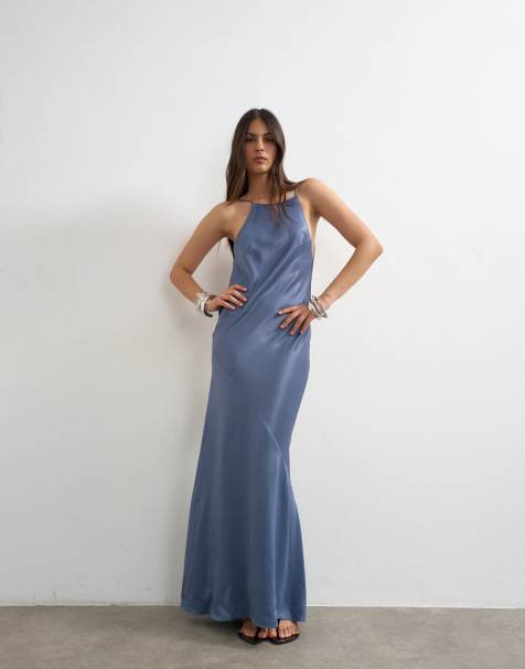 Topshop - Robe longue en satin coupé en biais avec dos nu échancré - Bleu jean - view 1