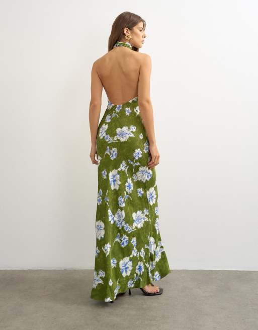 Topshop robe longue en satin coupée en biais, col montant drapé dos nu, dos ouvert, imprimé fleuri vert, 3 de 4