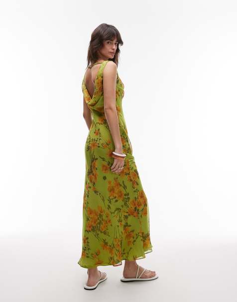 Topshop - Robe longue en tissu double épaisseur à imprimé fleuri et col bénitier - Vert - view 1
