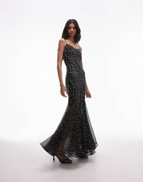 Topshop - Robe longue en tissu mélangé de qualité supérieure à pois avec ourlet à godet - Noir et blanc - view 1