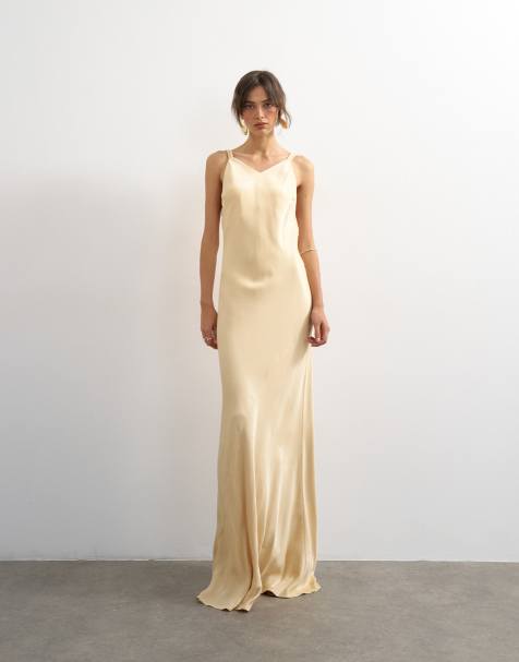 Topshop - Robe longue en tissu satiné à bretelles torsadées - Babeurre - view 1