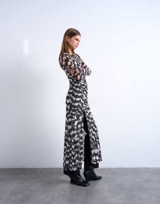 Robe longue en tulle à manches longues avec imprimé animal - Multicolore M