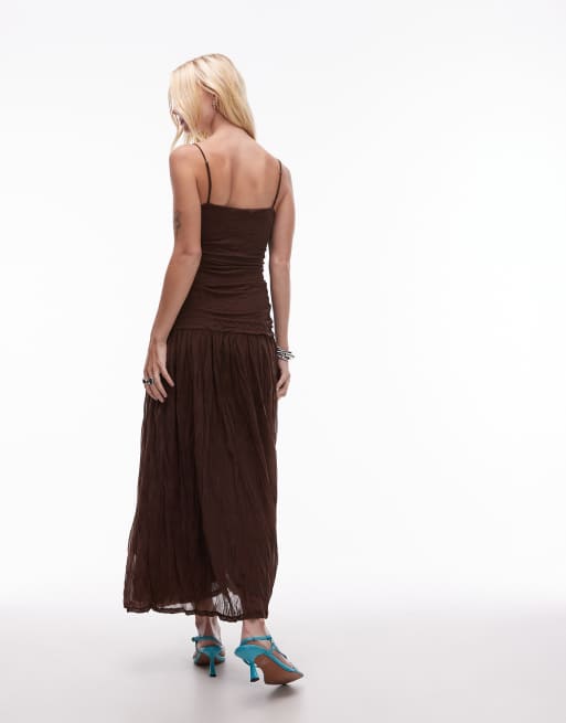 Topshop - Robe longue en tulle effet froissé avec taille basse - Marron chocolat, 3 de 4