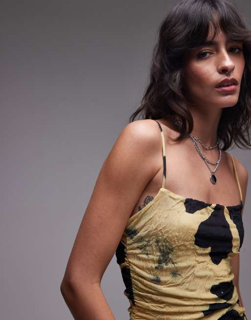 Topshop - Robe longue en tulle froissé avec taille basse - Jaune à imprimé fleur, 4 de 4