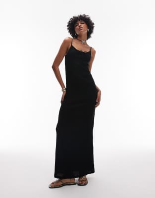 Topshop - Robe longue froissée à bretelles avec liens devant - Noir