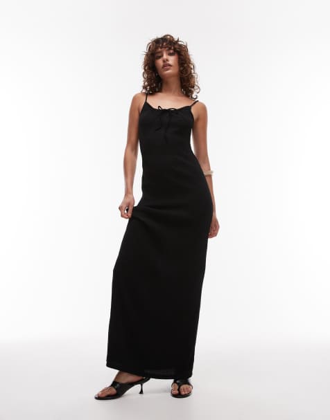 Topshop - Robe longue froissée à bretelles avec liens devant - Noir - view 1