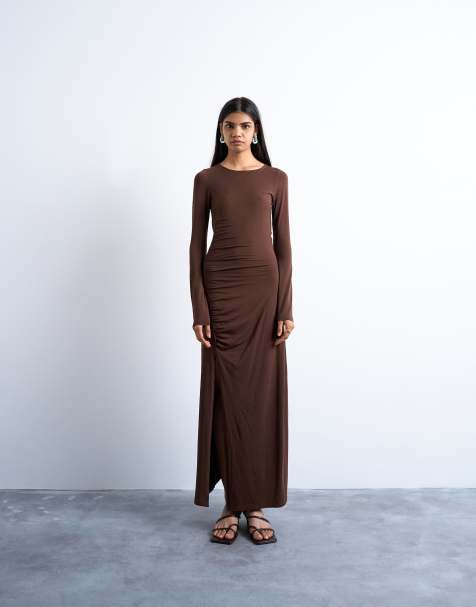 Topshop - Robe longue froncée à manches longues - Marron chocolat - view 1