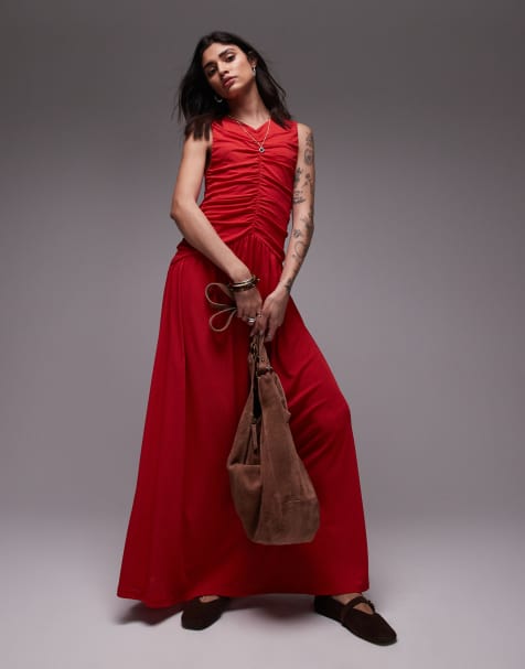 Topshop - Robe longue froncée à taille basse - Rouge - view 1