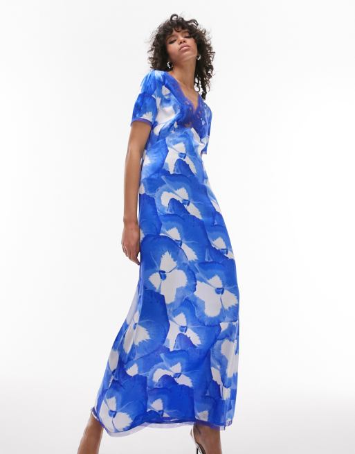 Topshop Robe longue habill e col en V avec appliques Bleu