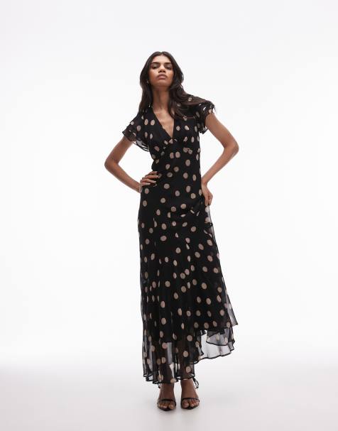 Topshop - Robe longue habillée à pois avec laçage dans le dos - Noir et rose blush - view 1