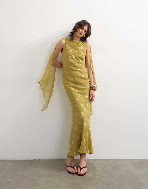 Topshop - Robe longue habillée en jacquard à pois avec dos ouvert - Vert, 3 de 4
